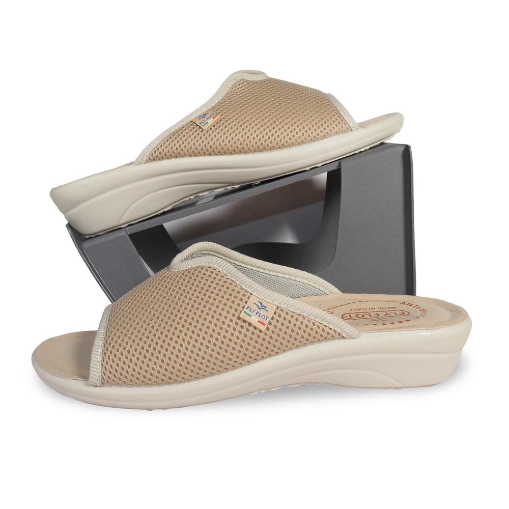 FlyFlot Atella Mesh Slip-on Wedge Sandals Women 9 Beige Italian‎ Comfort Slides